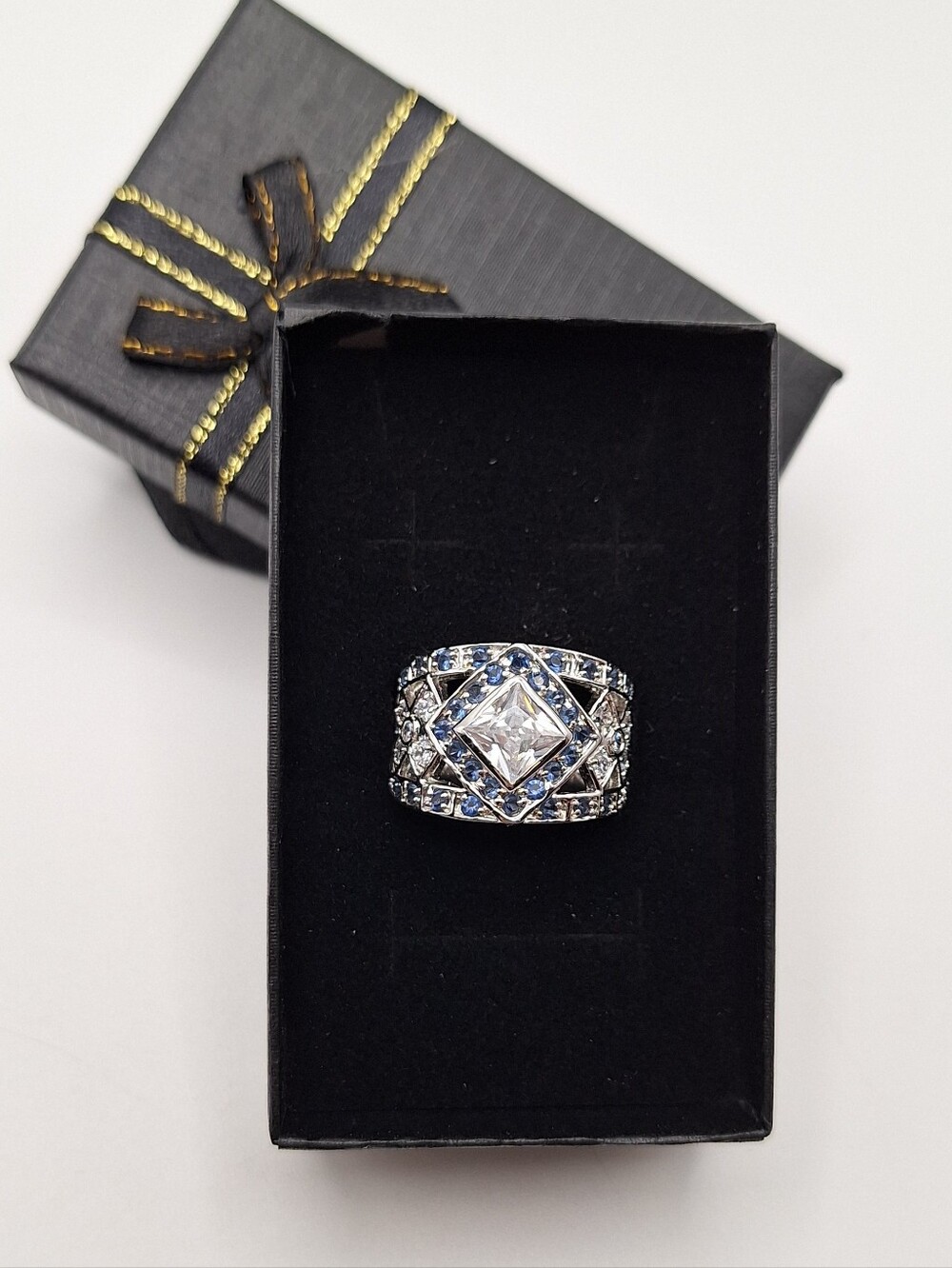 Swarovski Crystal 925 Sterling Silver Blue Statement Ring Size 7